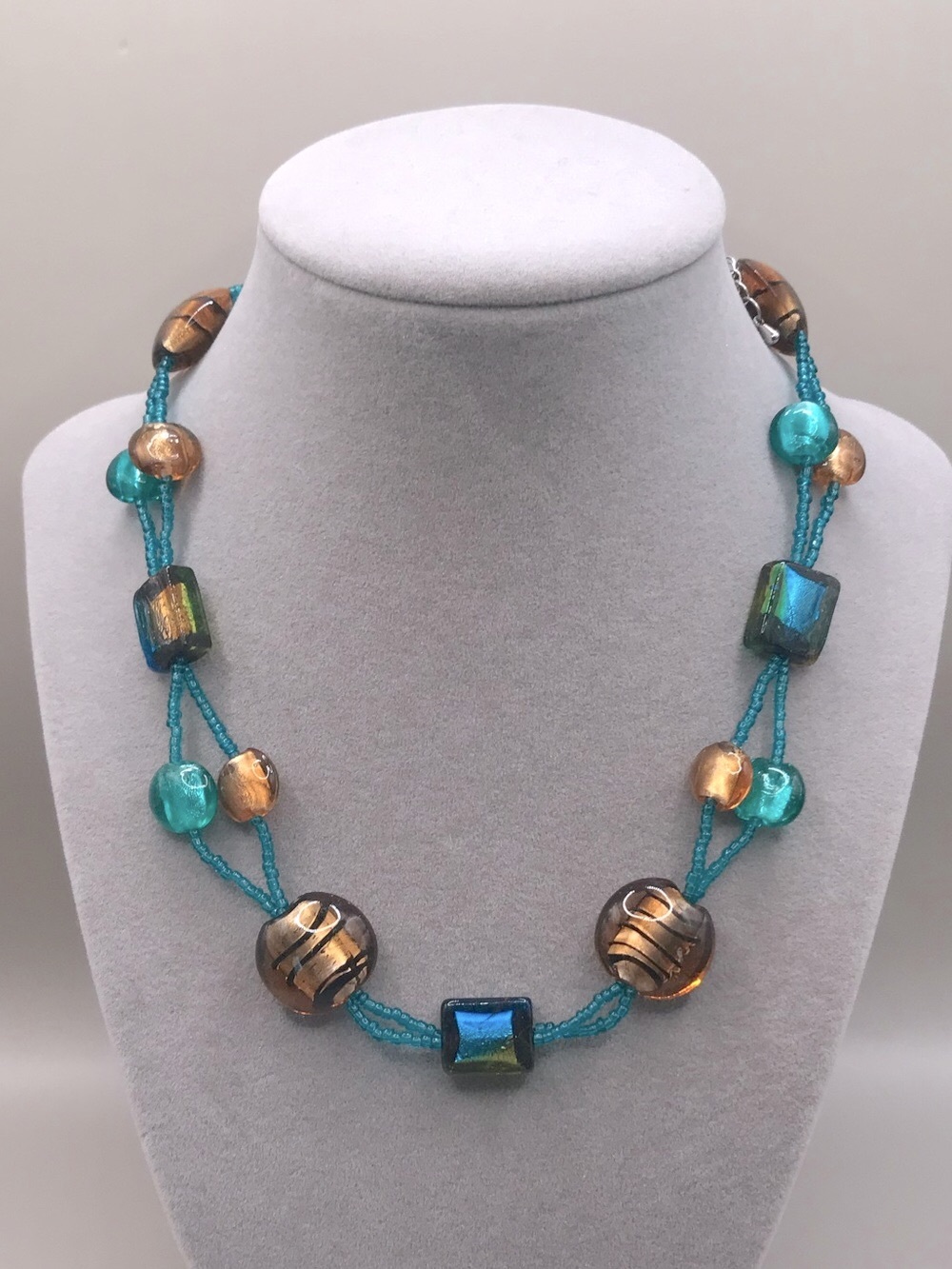 Dichroic Teal and Gold Glass & Seed Bead Necklace